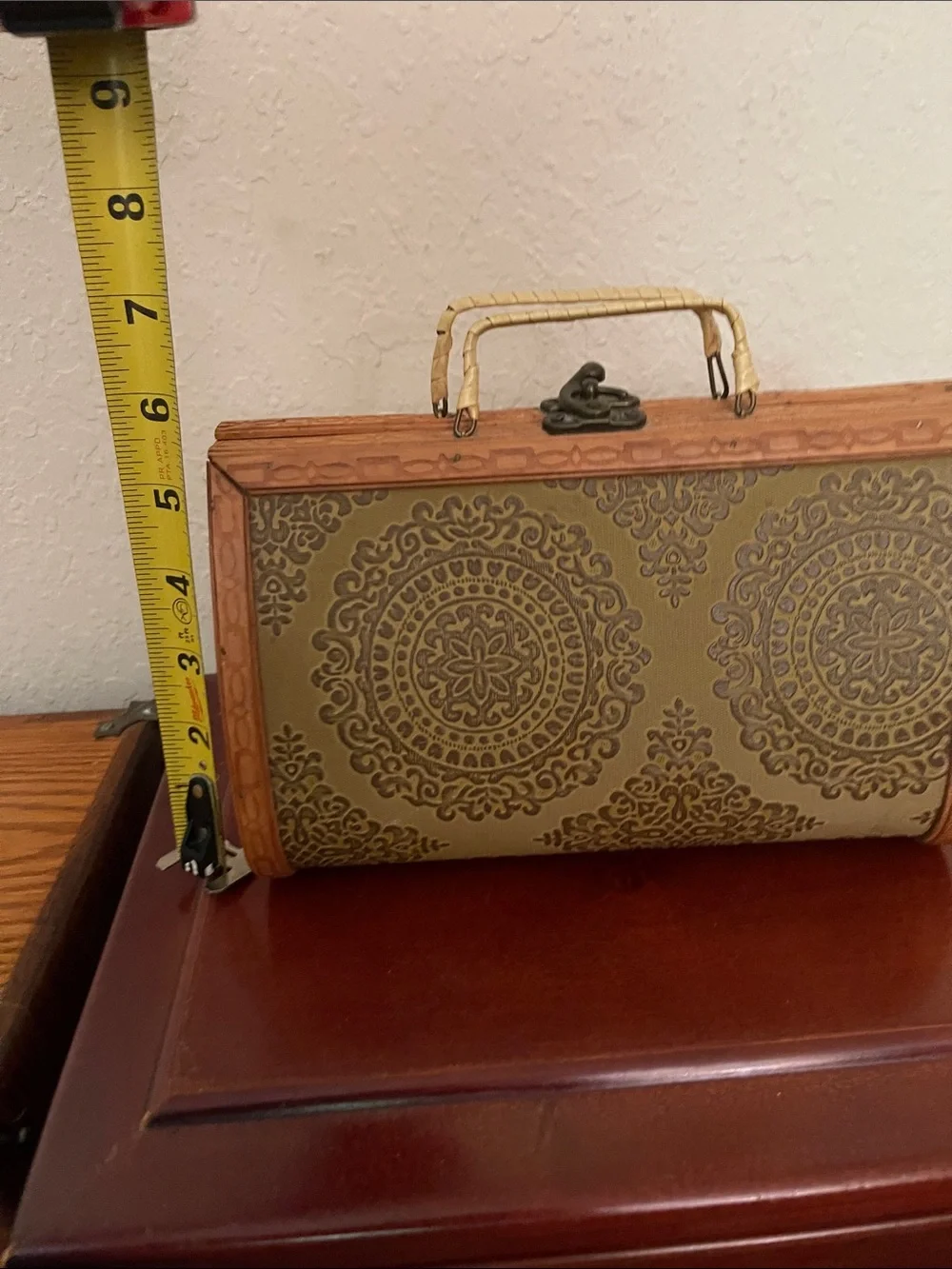 Vintage Wooden Box Purse Mid Century Embossed Leatherette Carved Frame Handbag